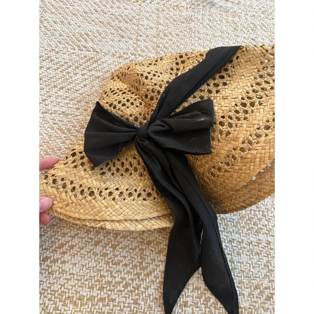 Woven Straw Sun Hat with Black Ribbon Bow